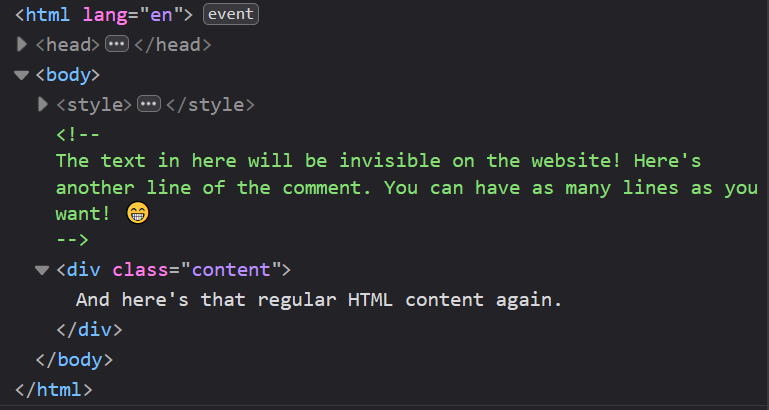 Browser inspector showing the multiline HTML comment